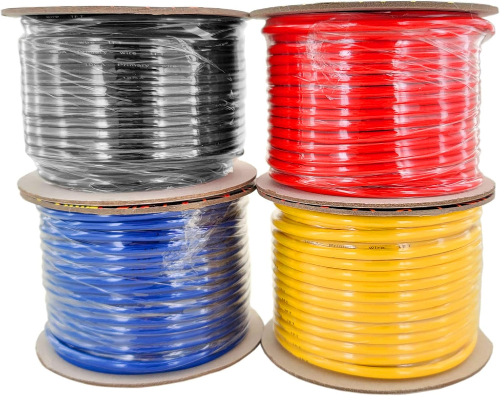 10 Gauge Stranded Copper Clad Aluminum Primary Wire, Red Black Blue Yellow 100 feet Roll H79117