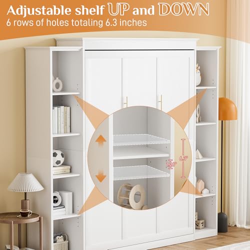 Queen Murphy Bed with Storage Bookcase & 4 Adjustable Shelves, White Wood Wall Bedframe with Metal Legs F871699