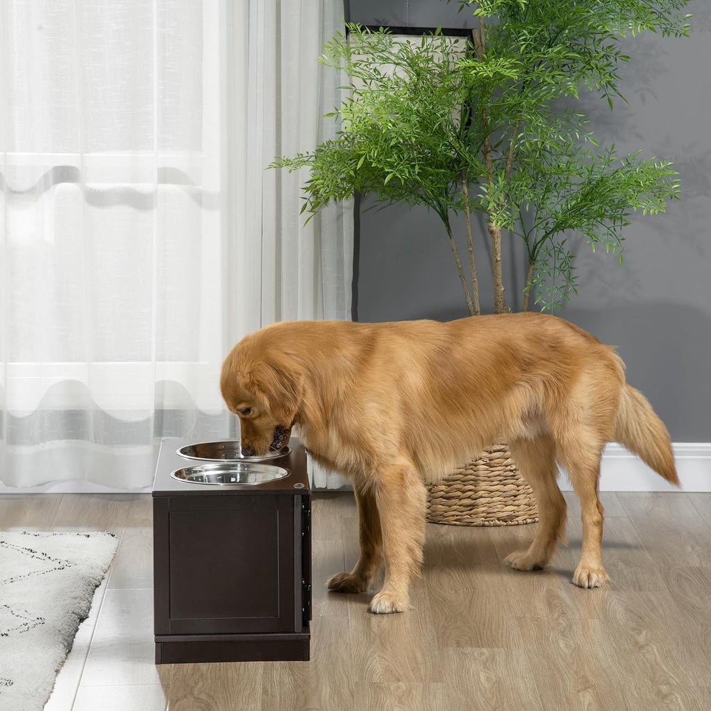 Elevated Dog Bowls with Storage Cabinet, 2 Stainless Steel Bowls, Coffee D8572