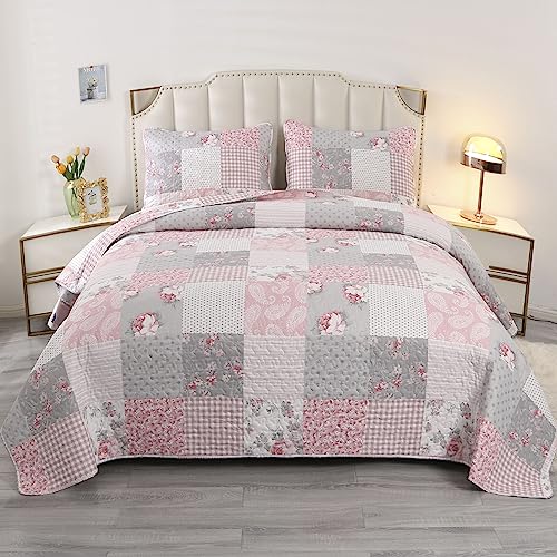 3-Piece King Size Pink Plaid Patchwork Quilt Set E485510