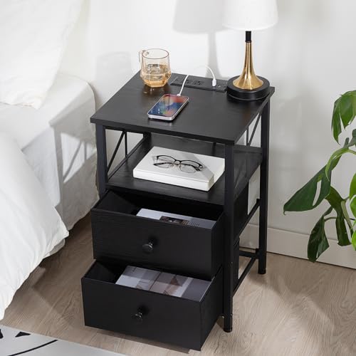 Dark Grey Nightstand Set 2 with Fabric Drawers and Charging Station Q9706