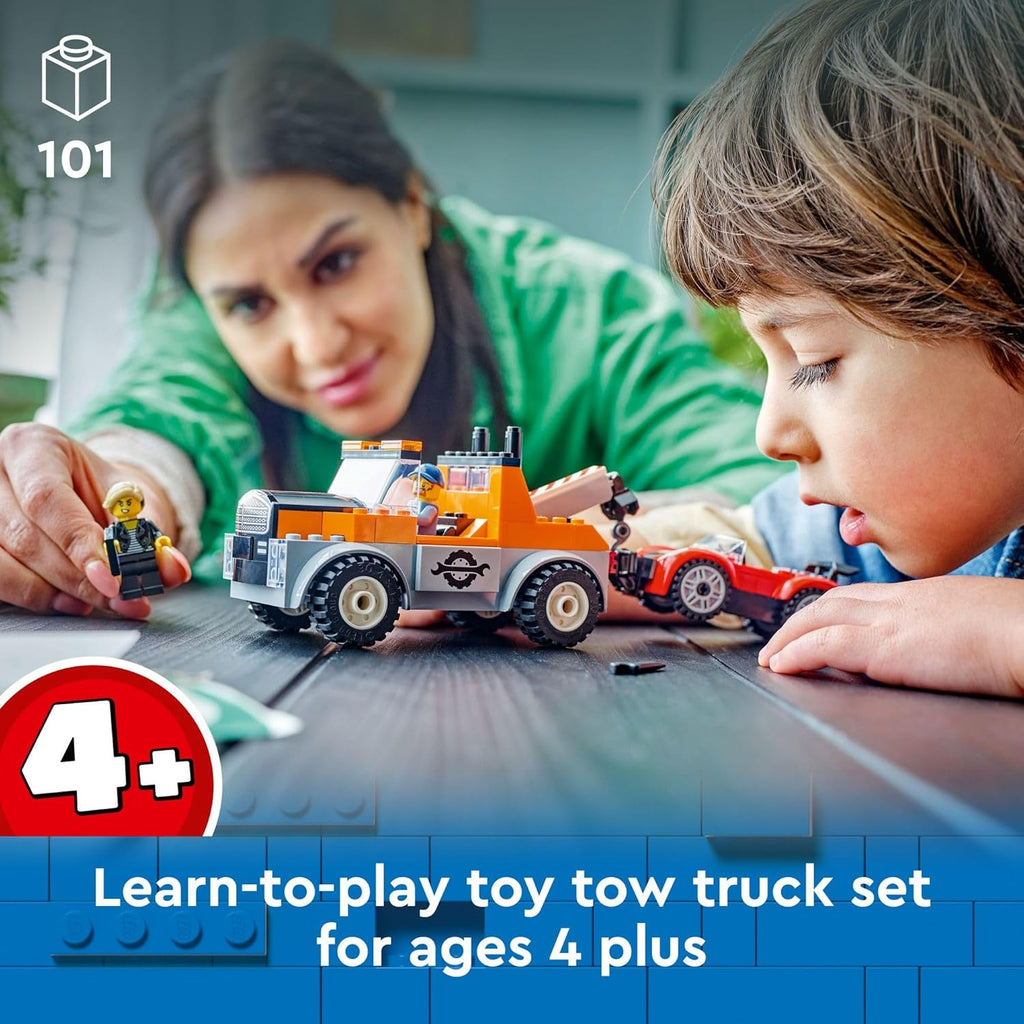 Tow Truck and Sports Car Repair Building Set with 2 Minifigures and Accessories T1487