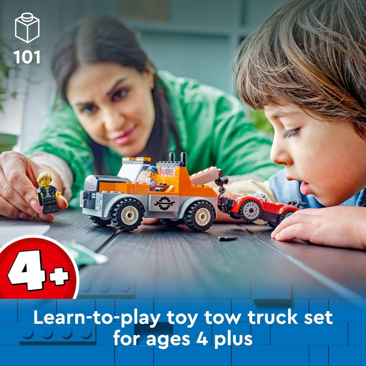 Tow Truck and Sports Car Repair Building Set with 2 Minifigures and Accessories T1487