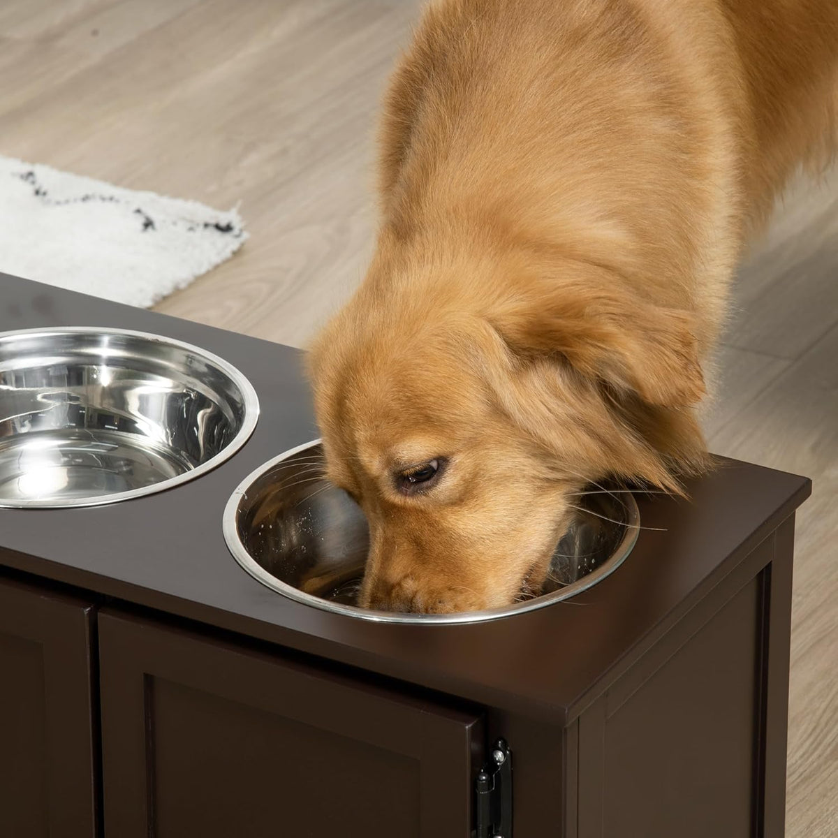 Elevated Dog Bowls with Storage Cabinet, 2 Stainless Steel Bowls, Coffee D8572
