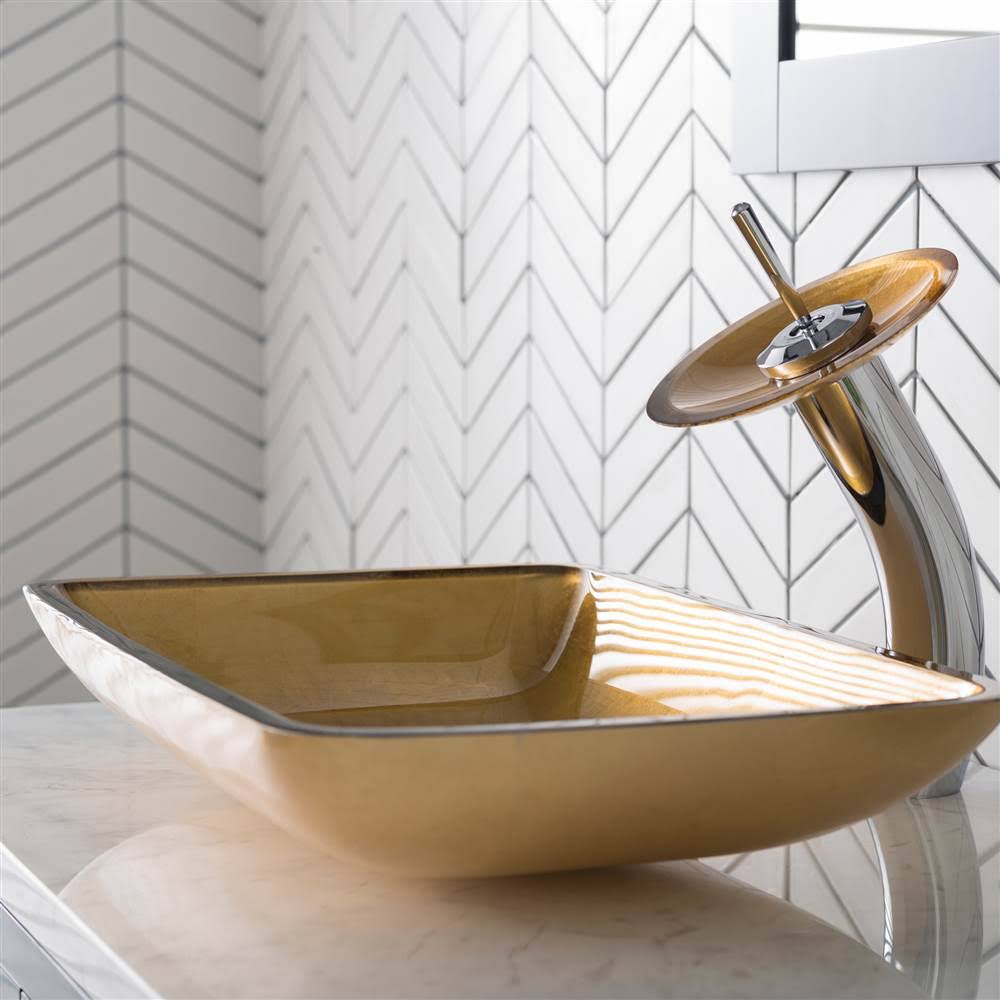 Golden Pearl Rectangular Glass Vessel Sink and Waterfall Faucet I697