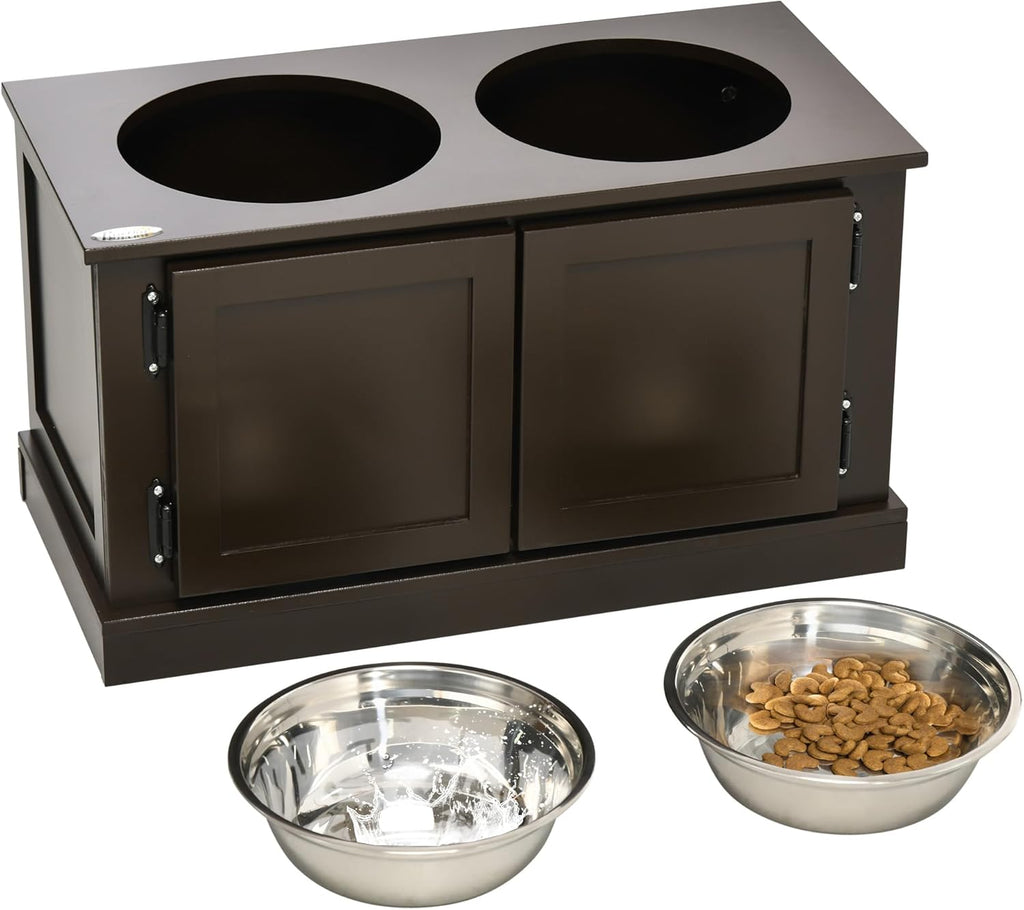 Elevated Dog Bowls with Storage Cabinet, 2 Stainless Steel Bowls, Coffee D8572