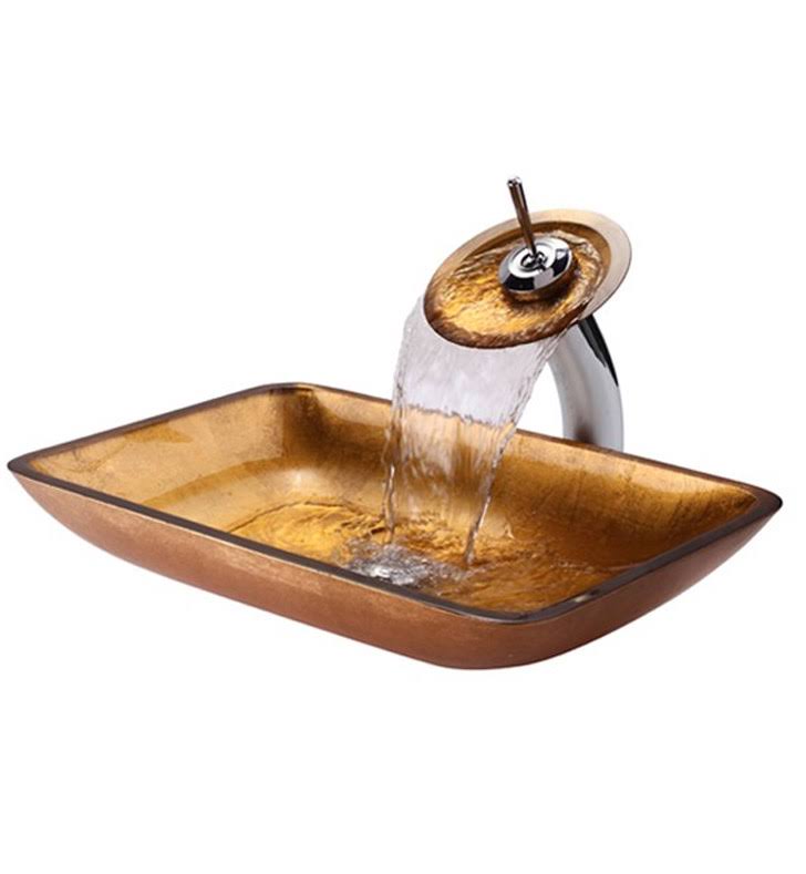 Golden Pearl Rectangular Glass Vessel Sink and Waterfall Faucet I697