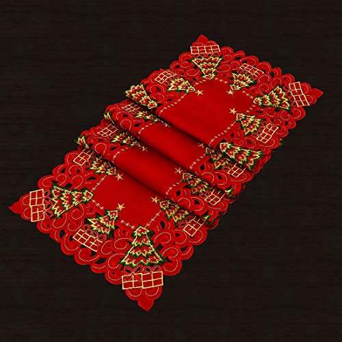 Embroidered Christmas Holly Tree Table Runner, Rectangular 16 x 72 Inch J31841
