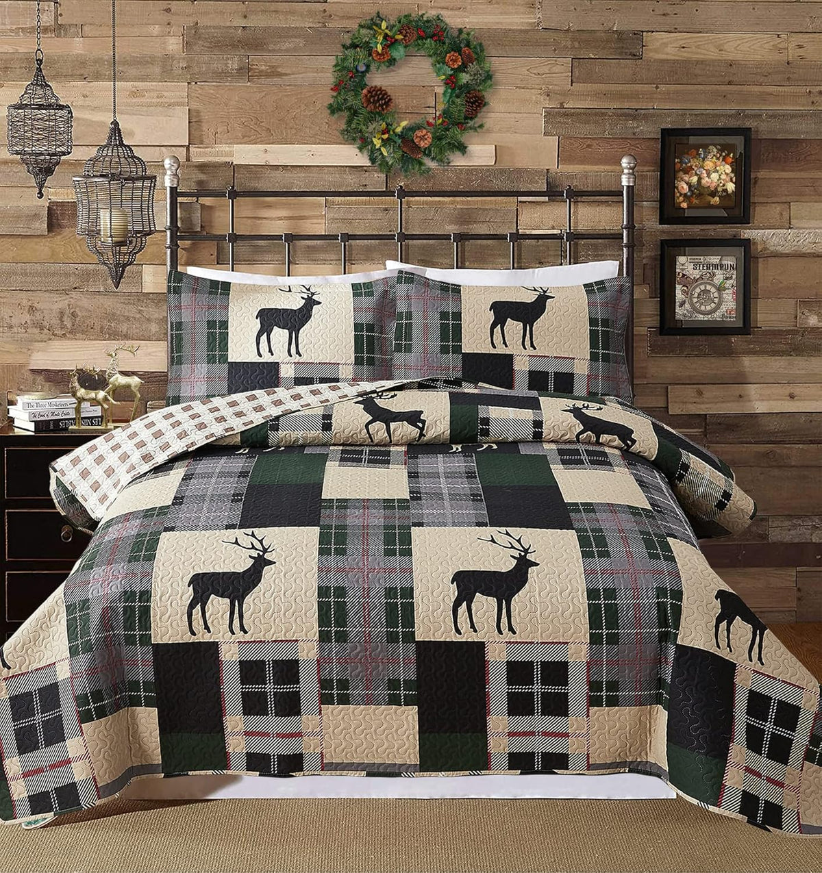 Full/Queen Size Plaid Quilt Set Black White Patchwork Bedspread M907380