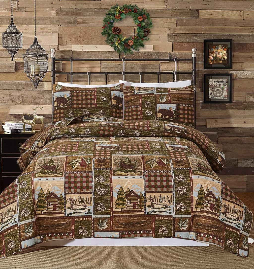 Full/Queen Size Plaid Quilt Set Black White Patchwork Bedspread M907380