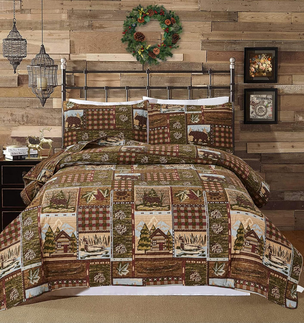 Full/Queen Size Plaid Quilt Set Black White Patchwork Bedspread M907380