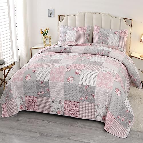3-Piece King Size Pink Plaid Patchwork Quilt Set E485510