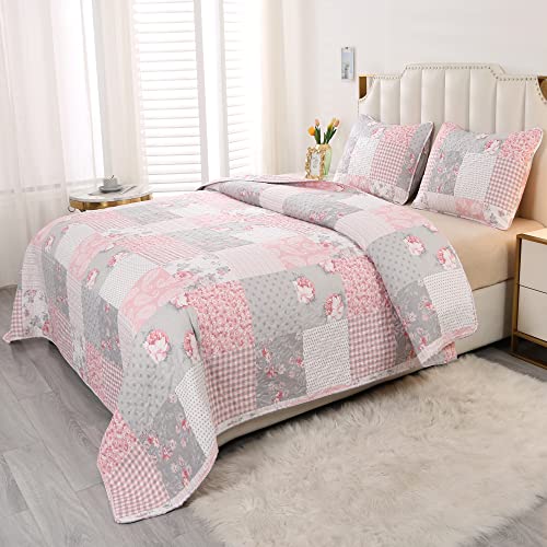 3-Piece King Size Pink Plaid Patchwork Quilt Set E485510