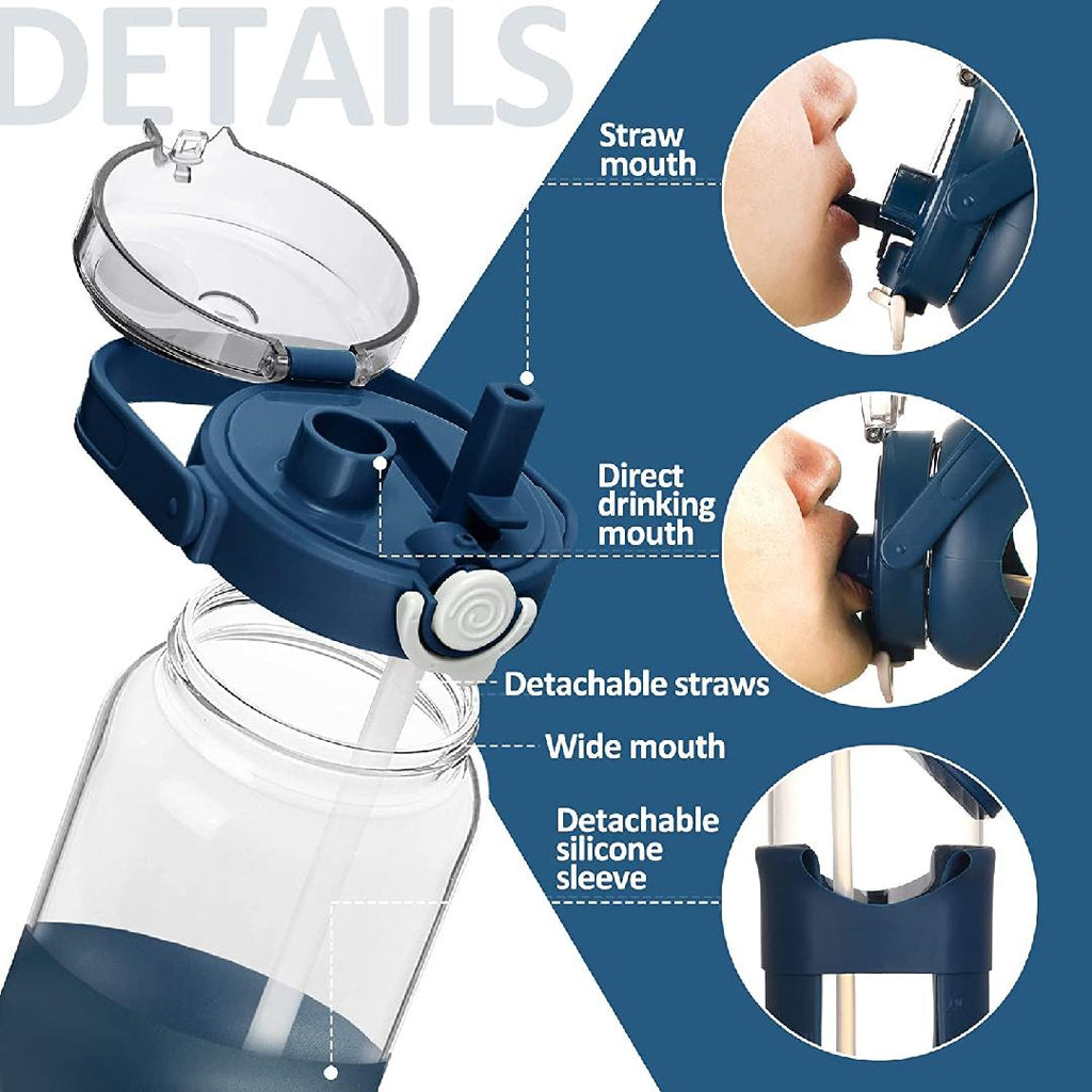 64oz Glass Water Bottle with Straw Time Marker Half Gallon 2L Dark Blue M9918
