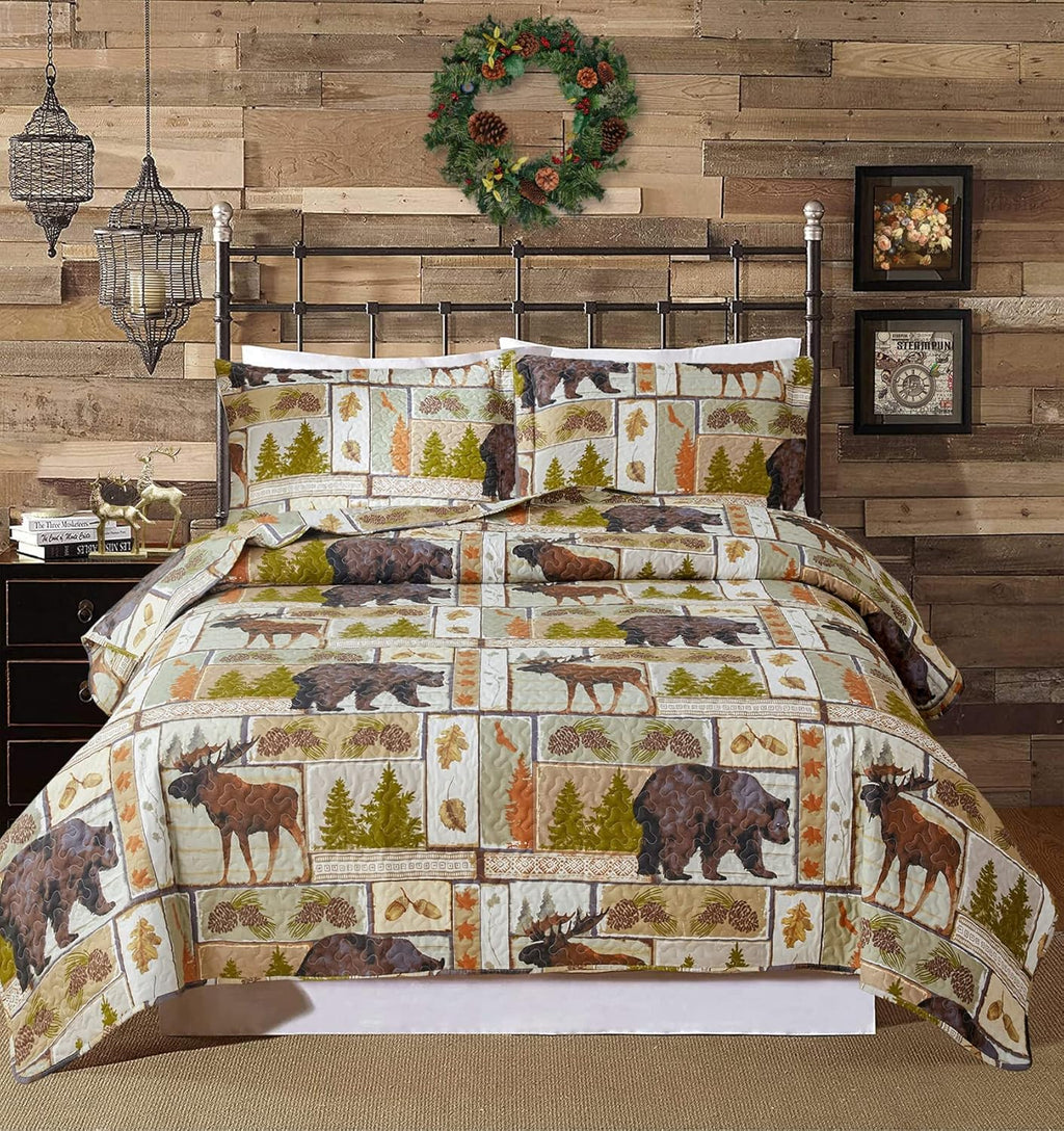 Full/Queen Size Plaid Quilt Set Black White Patchwork Bedspread M907380