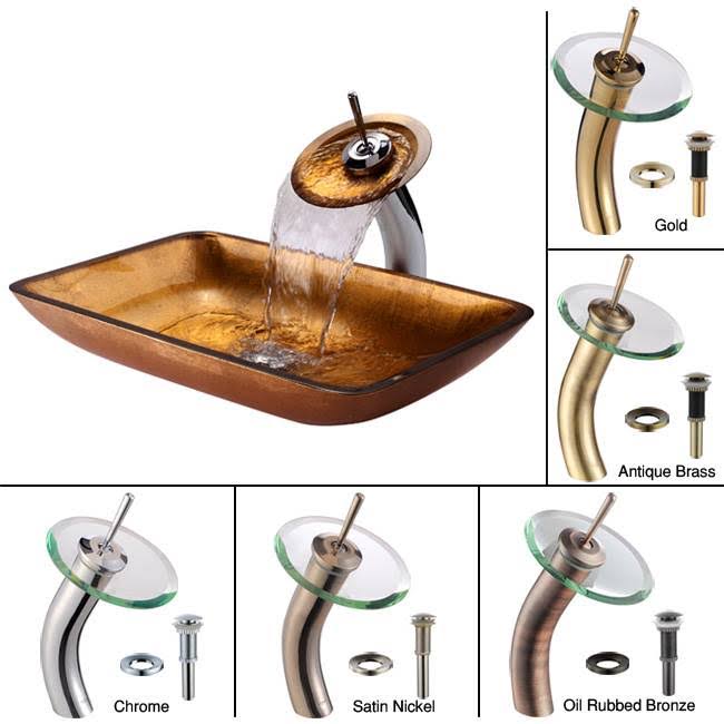 Golden Pearl Rectangular Glass Vessel Sink and Waterfall Faucet I697