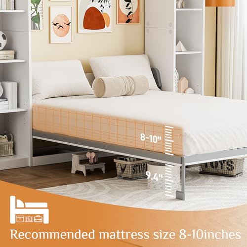 Queen Murphy Bed with Storage Bookcase & 4 Adjustable Shelves, White Wood Wall Bedframe with Metal Legs F871699