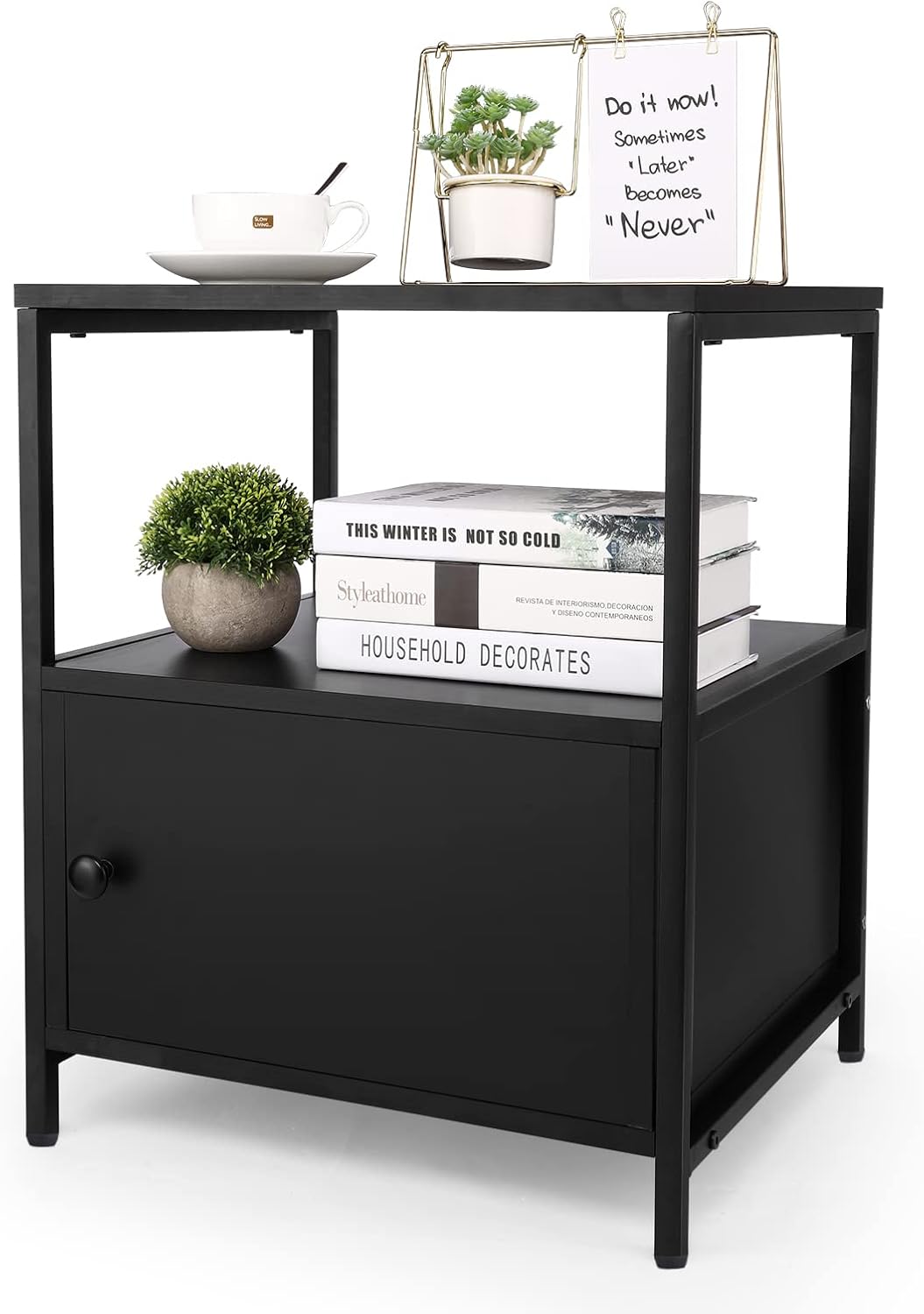 White Wooden Nightstand with Storage Cabinet and Open Shelf X1623