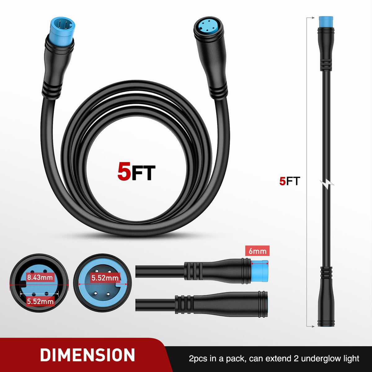 2 Pack 5FT 4 Pin Extension Cable Cord for Car Underglow Neon Accent Strip Lights 252 LEDs RGB 8 Color Wire Harness O16336