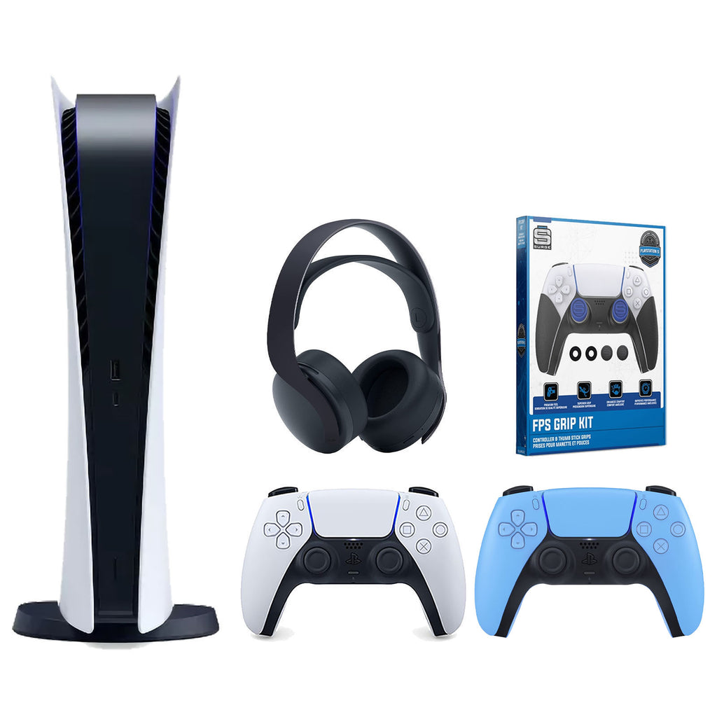 Playstation 5 Digital Edition Console with Blue Controller, Black PULSE 3D Headset and Surge FPS Grip Kit V57605