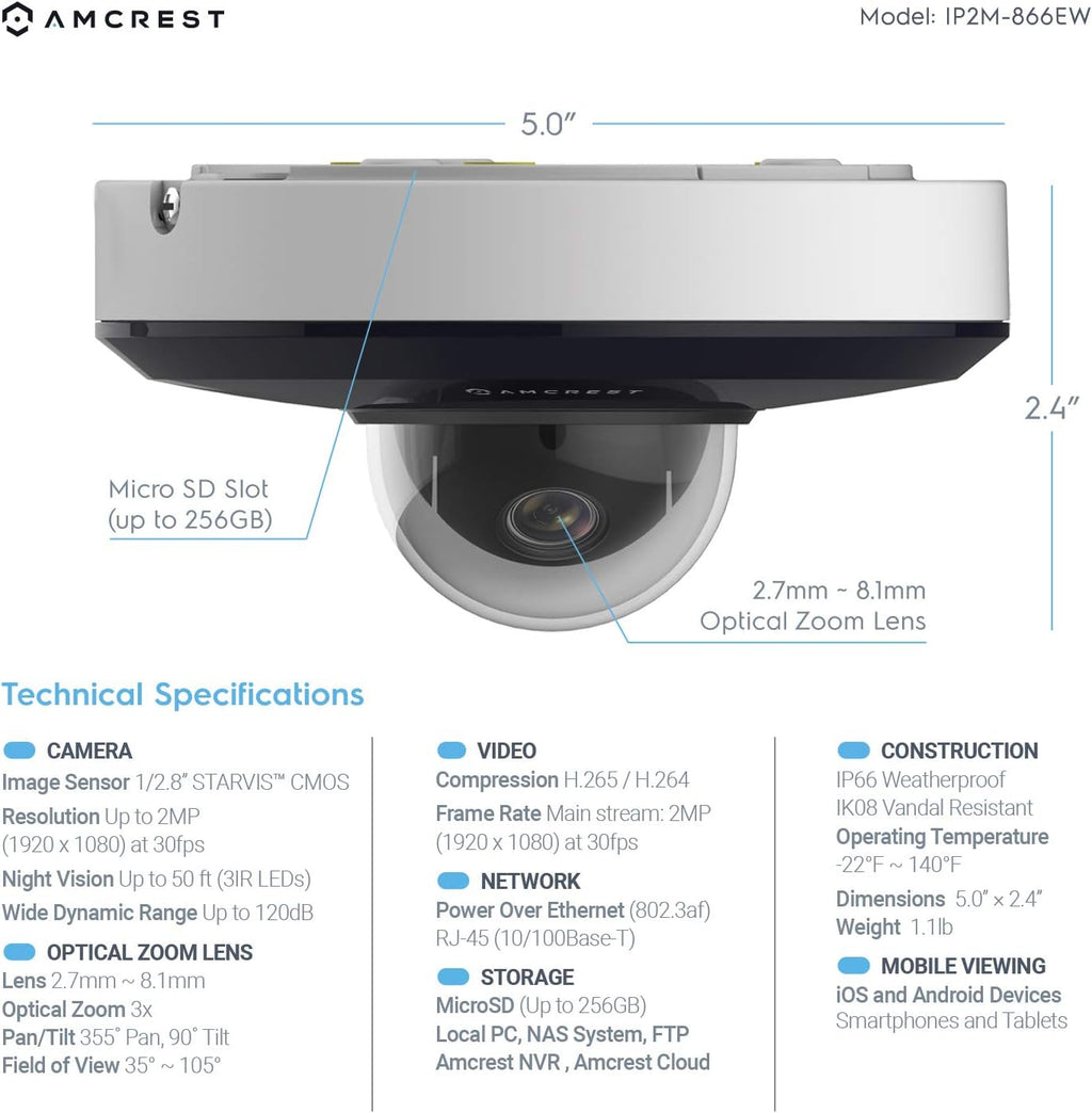 1080P PTZ Outdoor IP PoE Camera with 3X Optical Zoom, Night Vision up to 49ft, Pan/Tilt G25171
