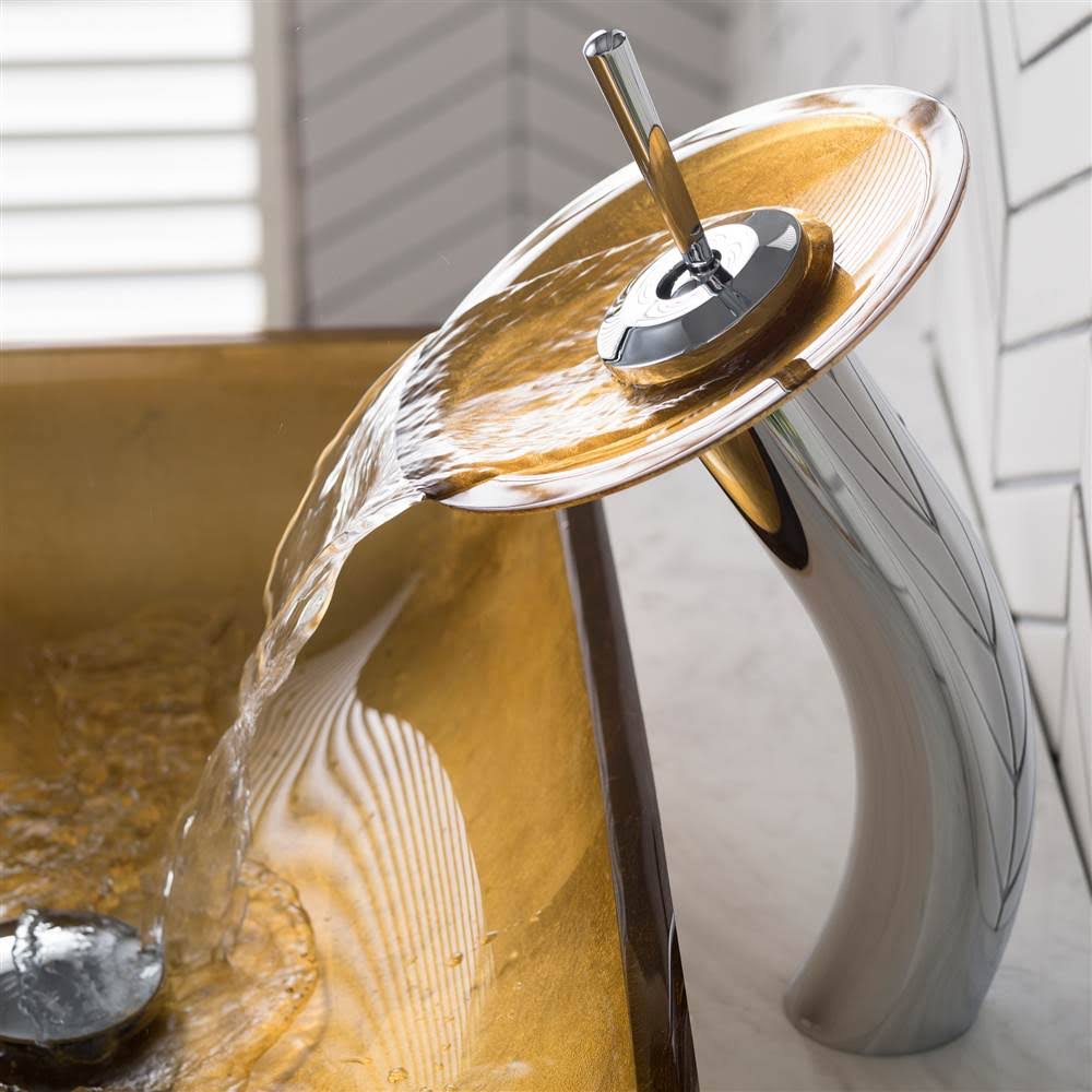 Golden Pearl Rectangular Glass Vessel Sink and Waterfall Faucet I697