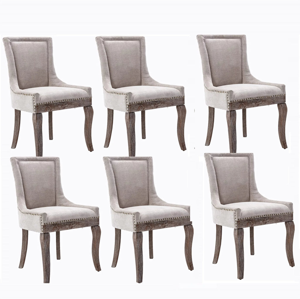 Beige Upholstered Fabric Dining Chairs Set of 6 with Solid Wood Legs C70472