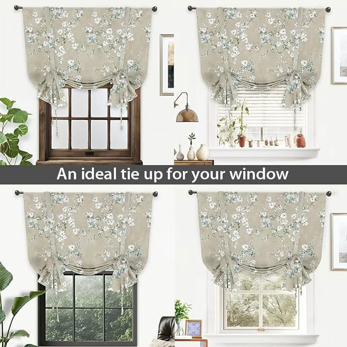 Blue Gray Floral Tie Up Curtain I87999