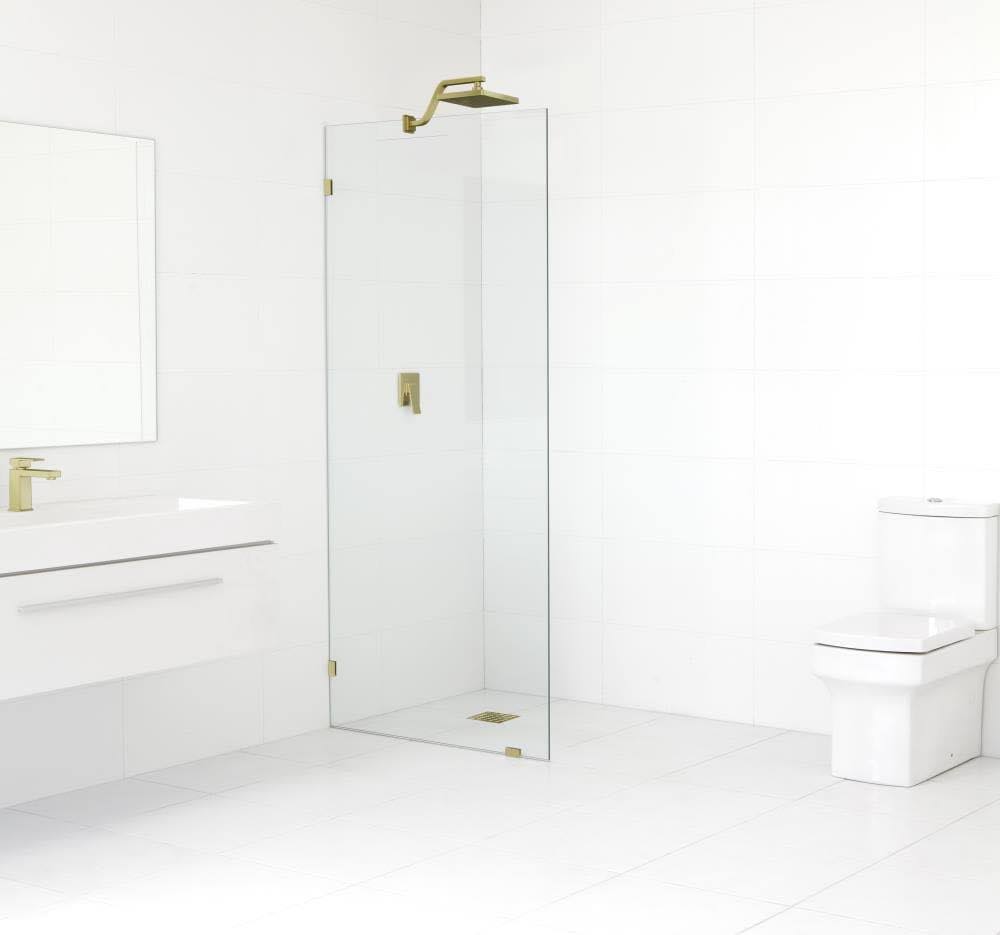 Frameless Shower Door Single Fixed Panel Satin Brass in Gold F649