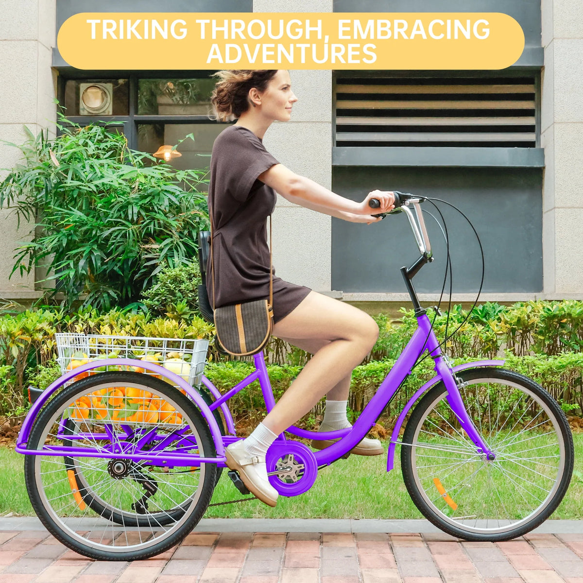 7-Speed Adult Tricycle 24 Purple Cruiser Bike with Seat and Rear Basket W762
