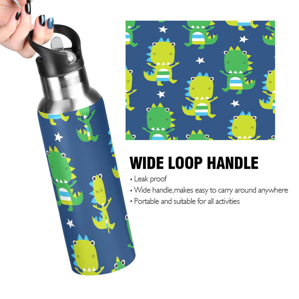 Green Dinosaur Blue Stainless Steel Insulated Water Bottle with Straw Lid C89235