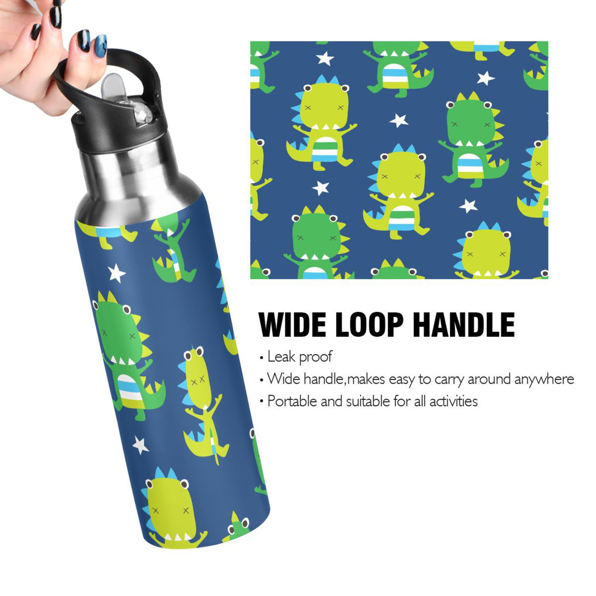 Green Dinosaur Blue Stainless Steel Insulated Water Bottle with Straw Lid C89235