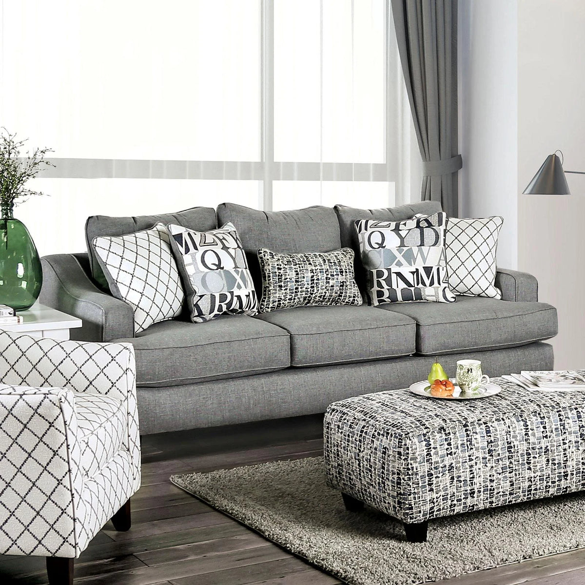 Bluish Gray Linen-like Fabric Living Room Set 3pcs S42502