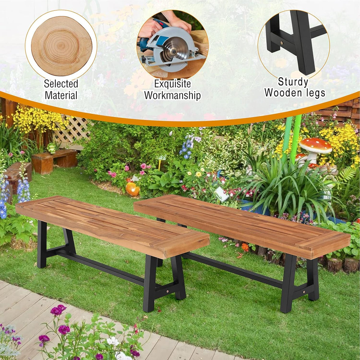 Outdoor Patio Bench Set of 2 Acacia Wood 63 Long Rectangular Dining Bench D37485