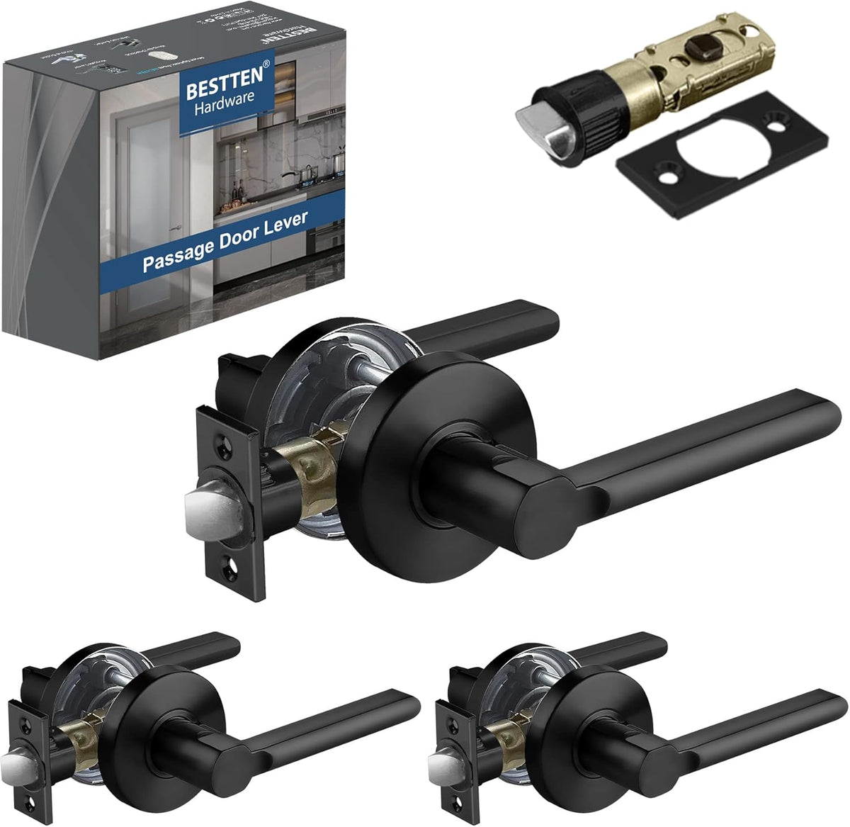 [3 Pack] Matte Black Passage Door Lever with Removable Latch Plate K6322