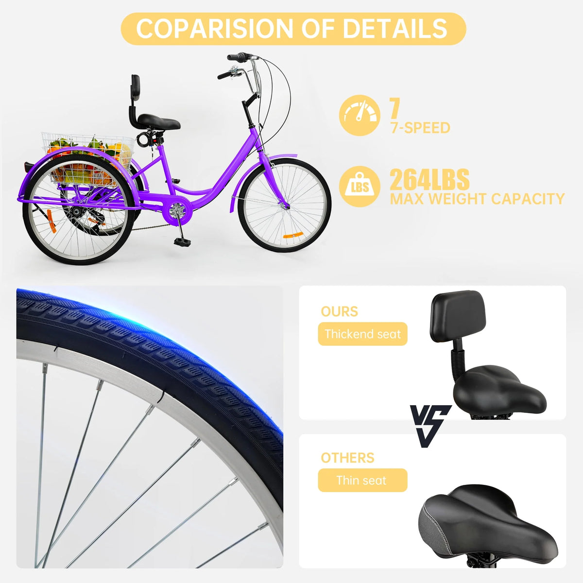 7-Speed Adult Tricycle 24 Purple Cruiser Bike with Seat and Rear Basket W762