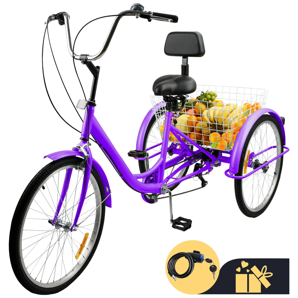 7-Speed Adult Tricycle 24 Purple Cruiser Bike with Seat and Rear Basket W762