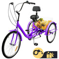 7-Speed Adult Tricycle 24 Purple Cruiser Bike with Seat and Rear Basket W762