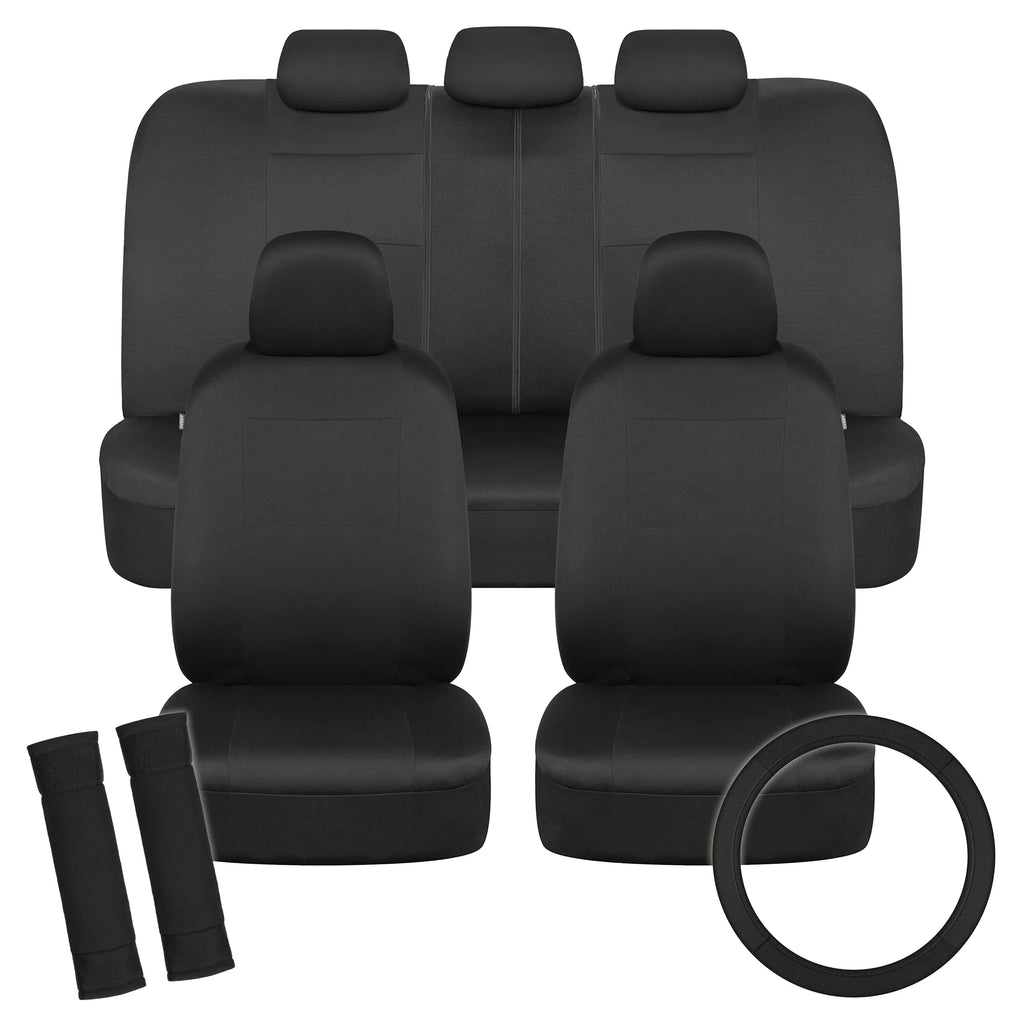 Solid Black Car Seat Covers Full Set with Steering Wheel Cover & Seat Belt Pads F189154
