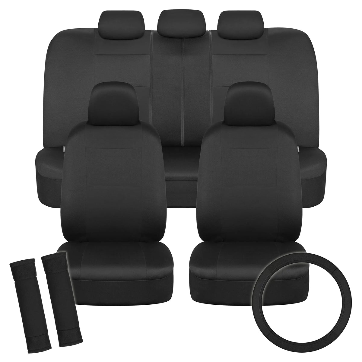Solid Black Car Seat Covers Full Set with Steering Wheel Cover & Seat Belt Pads F189154