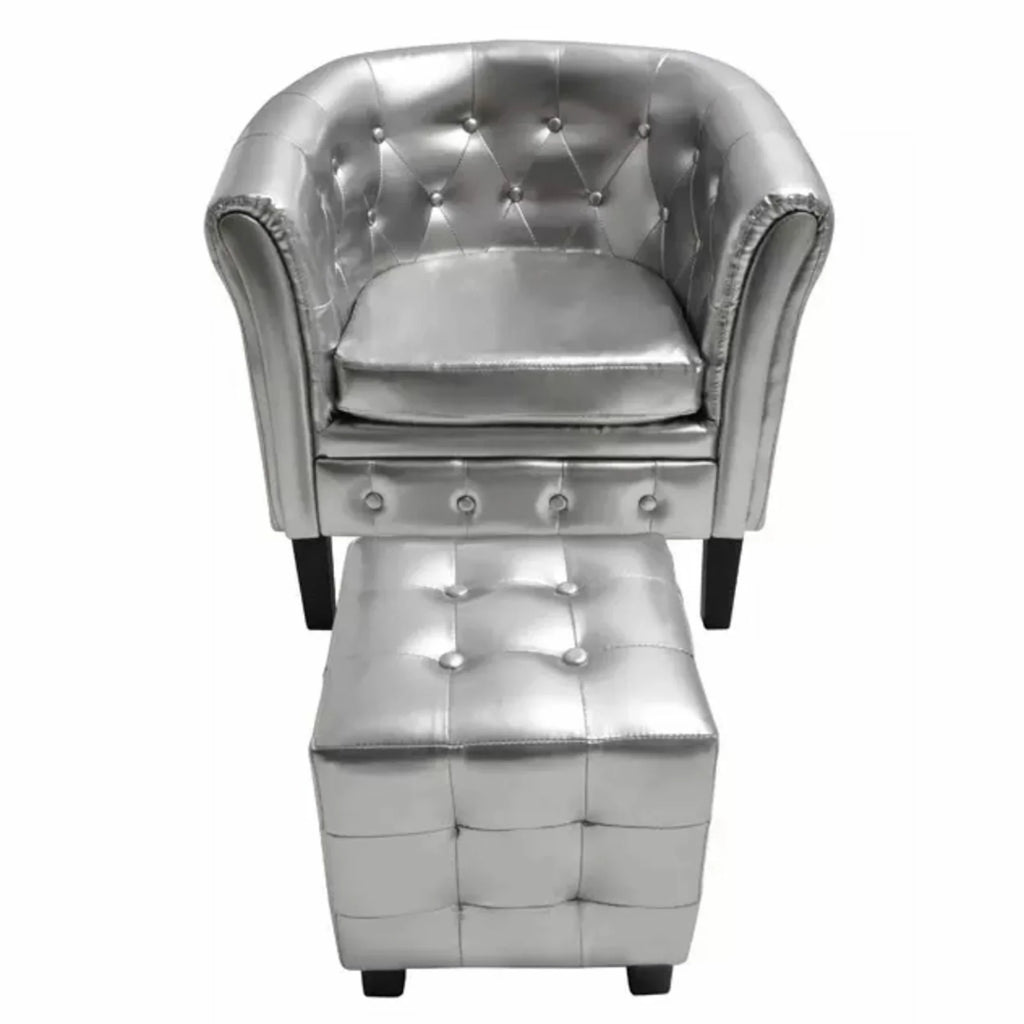 Silver Faux Leather Tub Chair with Footstool D1457