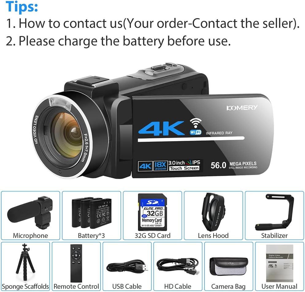 4K 56MP UHD Camcorder with IR Night Vision 18X Digital Zoom Z3027