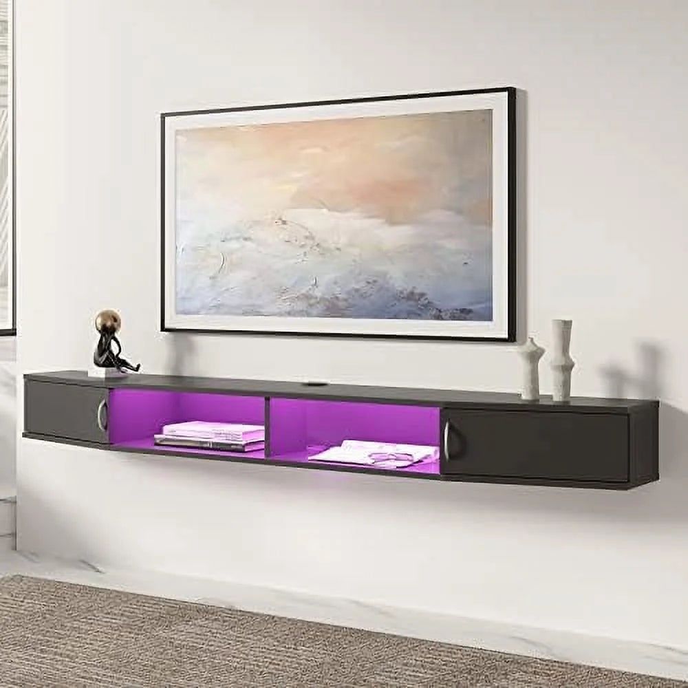Black Wall Mounted Floating TV Stand with 16 LED Lights M581
