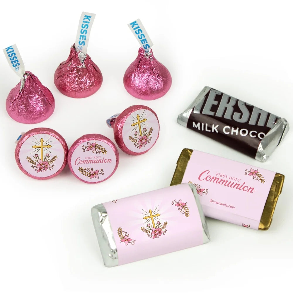 1st Holy Communion Candy Party Favors 100 Pcs Milk Chocolate Kisses 40 Pcs Wrapped Miniatures Pink H823529