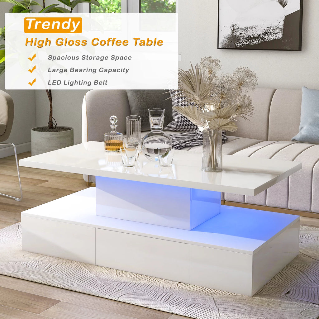 39.3" Coffee Table with Drawer, 2-Tier Rectangle LED White High Gloss D20871