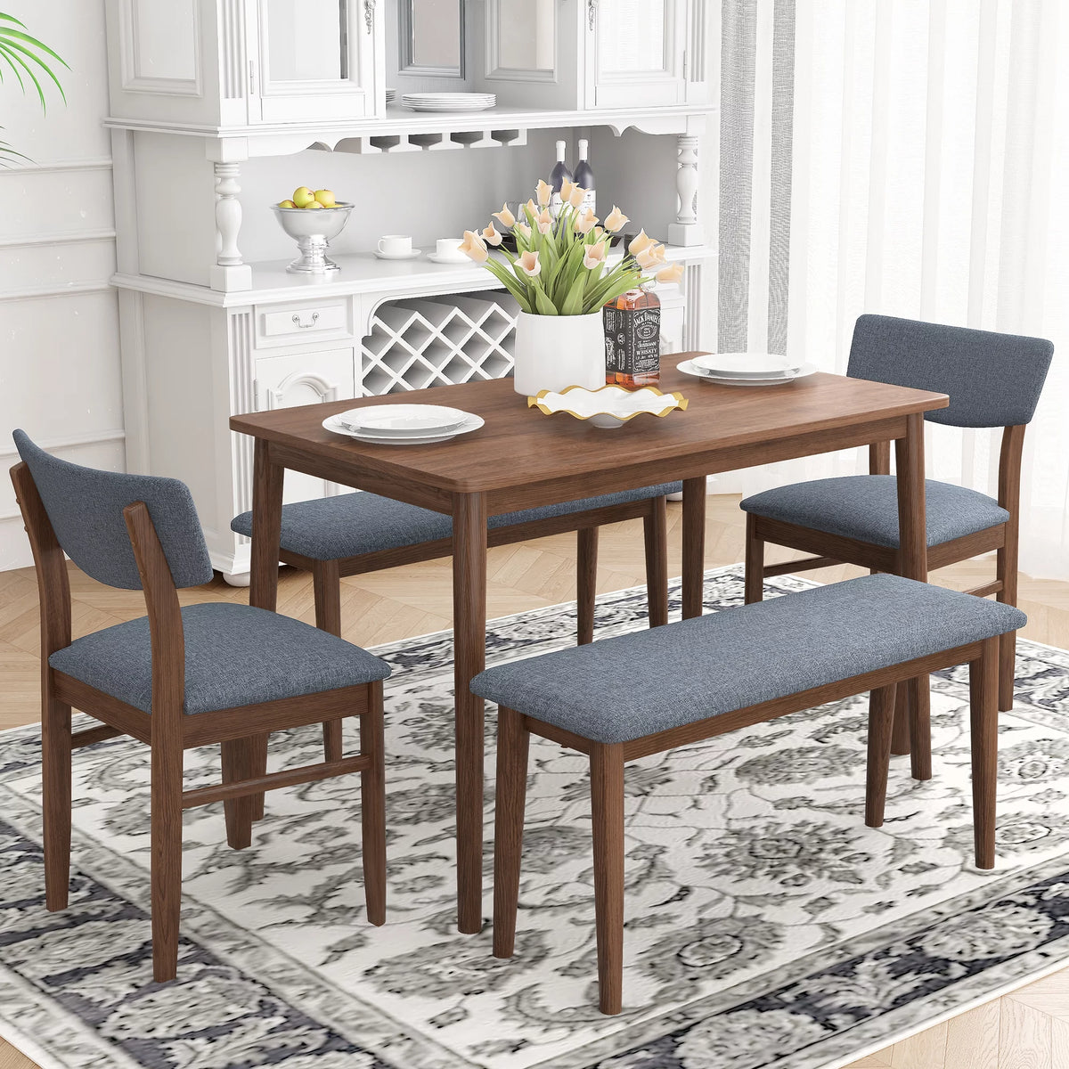 Grey Rubber wood Dining Table Set with 2 Benches and 2 Chairs W270