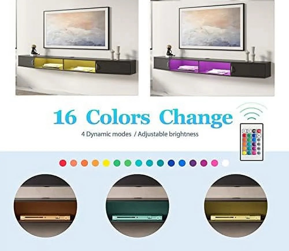 Black Wall Mounted Floating TV Stand with 16 LED Lights M581