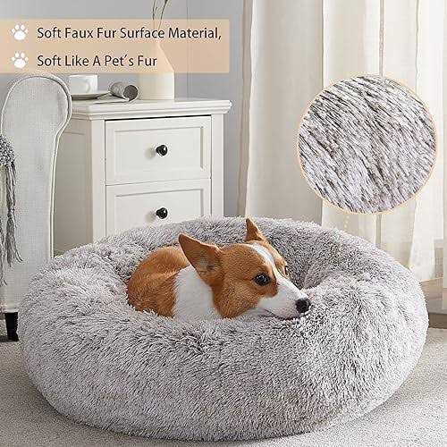 Small Dog Bed Donut Faux Fur Anti-Anxiety U352989