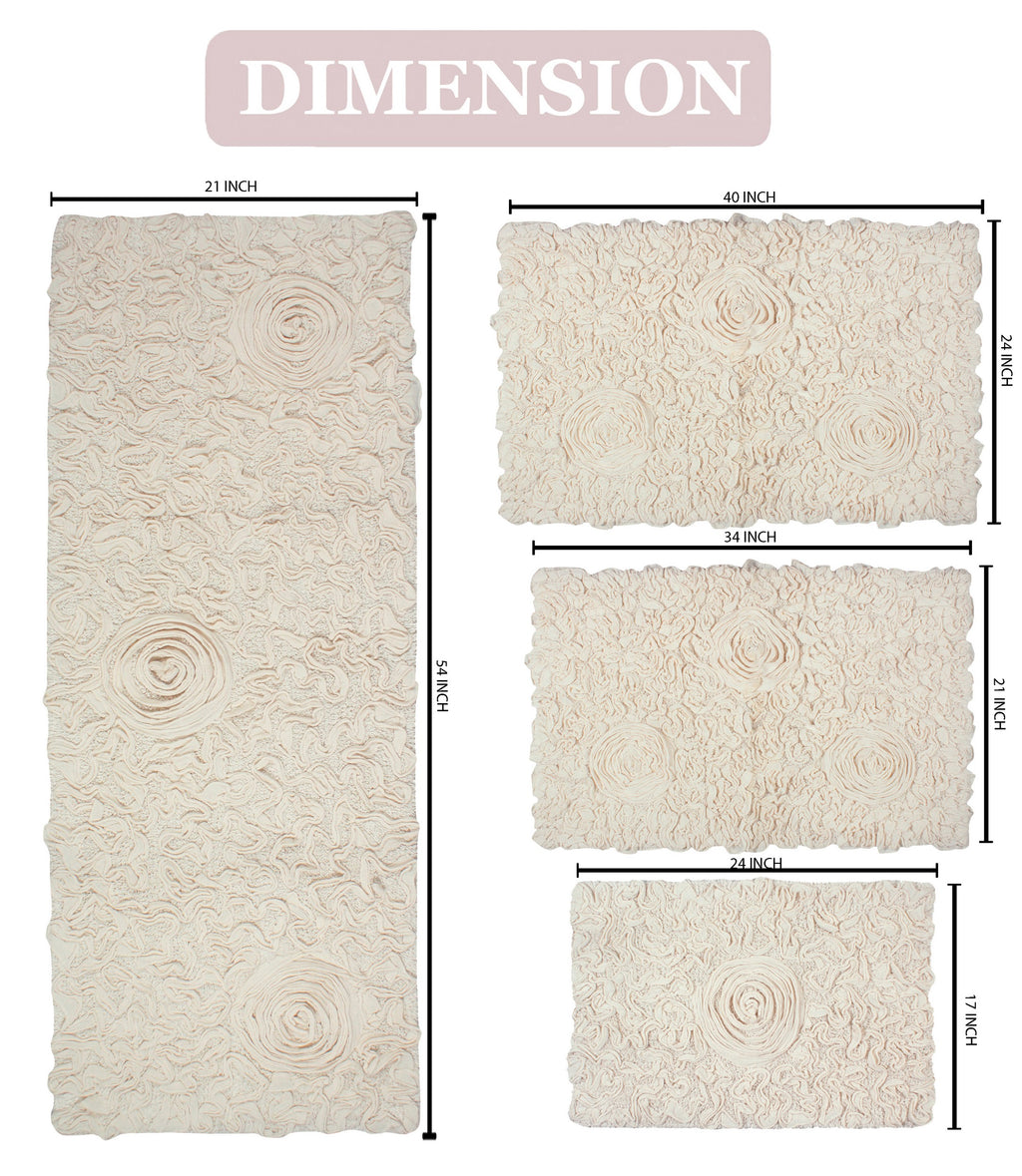 100% Cotton Tufted Bath Rugs, 4 Piece Set with Runner, Ivory V141720
