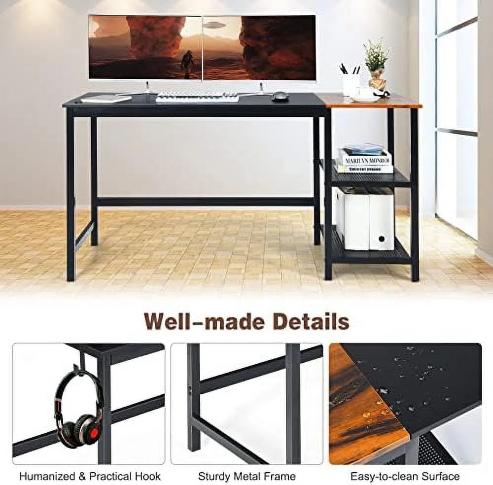 59 Inch Computer Desk with Charging Station and 2 Tier Shelves C9229
